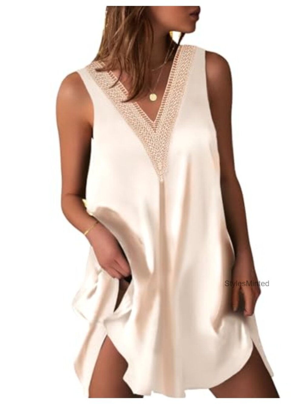 Satin V Neck Sleeveless Nightgown Sleepwear Lace Trim Chemise